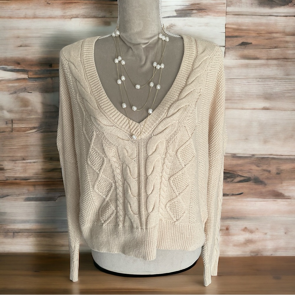 Cabi Cropped Cable Knit Pullover Ivory Size Large